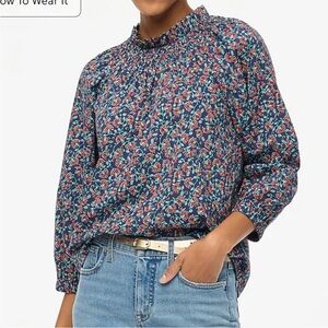 J. Crew Smocked-Neck Print Top